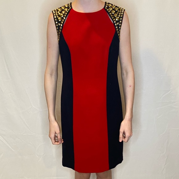 Michael Kors Gold Studded Shoulder Red Black Dress - Picture 1 of 7